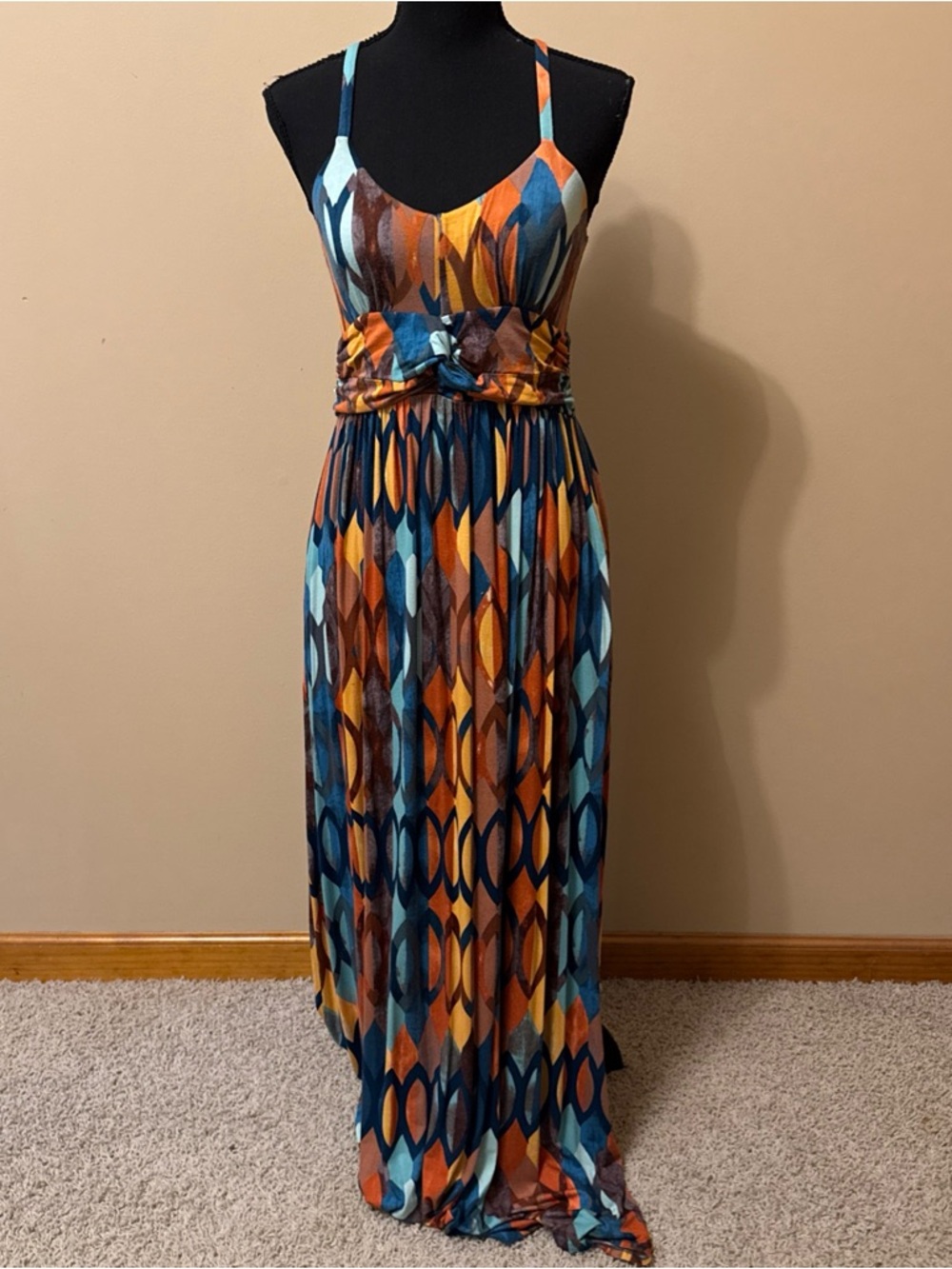 Mauve Sleeveless Maxi Dress with Blue, Orange & Brown Geometric Print